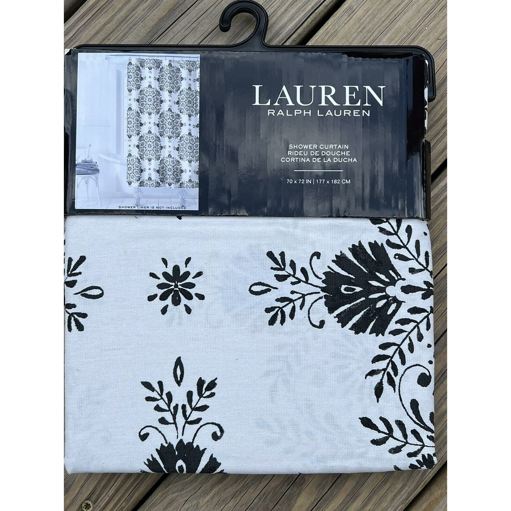 RALPH LAUREN Black Medallion Flower SHOWER CURTAIN 100% Cotton Fabric New